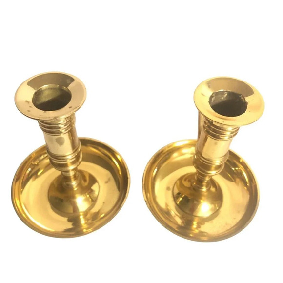 Vtg Brass Pair 2 Chamber Stick 4.75" x 3.75" Candlestick Candle Holder Handle - Picture 7 of 8